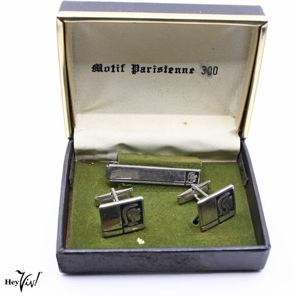 Vintage Motif Parisienne 300 Silver Tone Cuff Links and Tie Bar Set Original Box - Picture 1 of 10